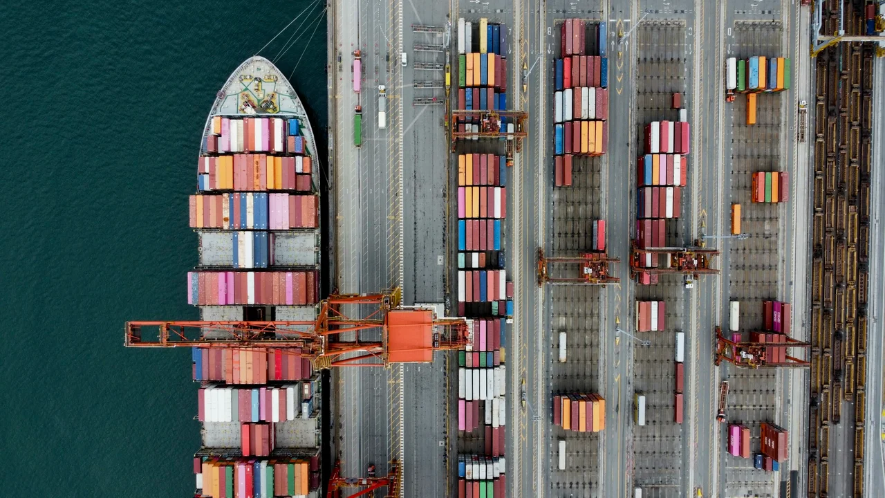 Aerial view of colourful containers at an international port