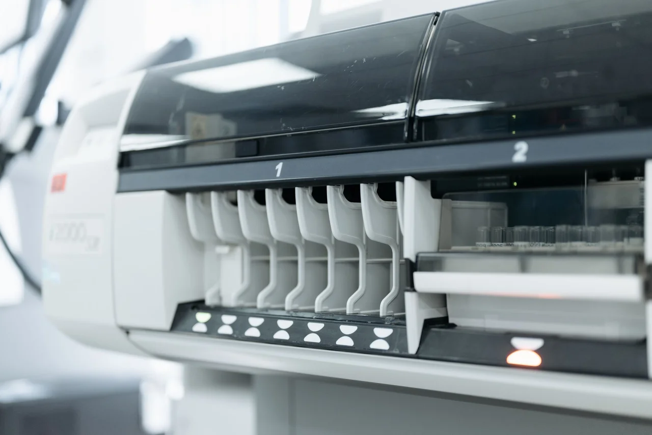 Close detail of an automated medical laboratory analyser